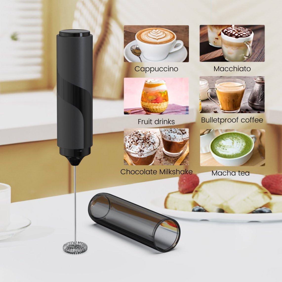 Handheld Milk Frother with Cover- 15-Second Silent Drink Mixer